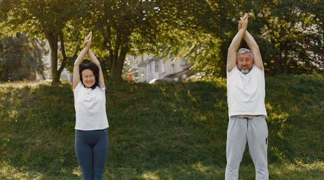 A senior couple in activewear practicing yoga in a sunny park, promoting fitness and healthy living.