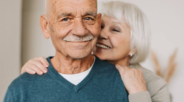 Joyful senior couple in an affectionate embrace, capturing love.